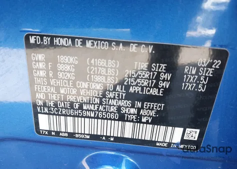 2022 Honda Hr-V Awd Ex from USA, damaged, VIN 3CZRU6H59NM765060